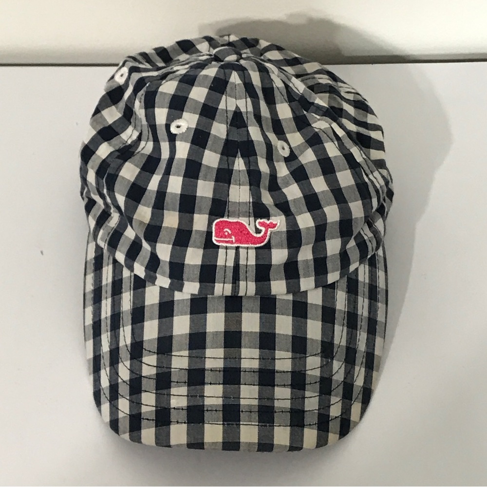 Vineyard Vines Blue/White Checker Print Whale Baseball Hat One Size Adju…